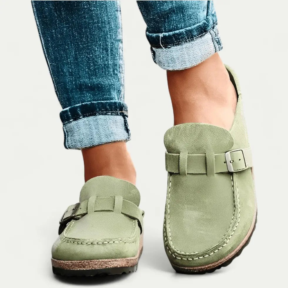 Women's Comfort Suede Mules with Buckle Detail 7