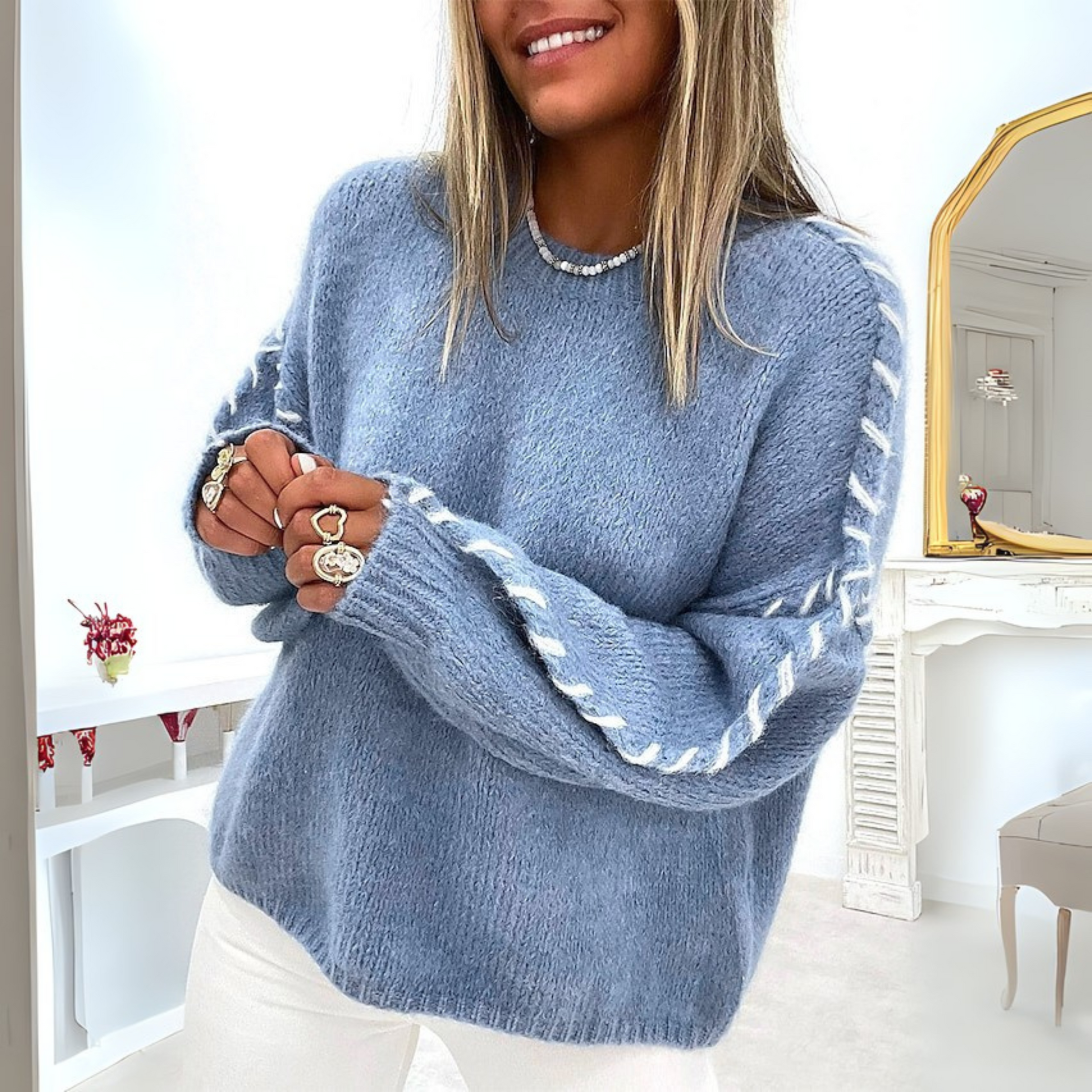Women's blue round neck sweater with long sleeves