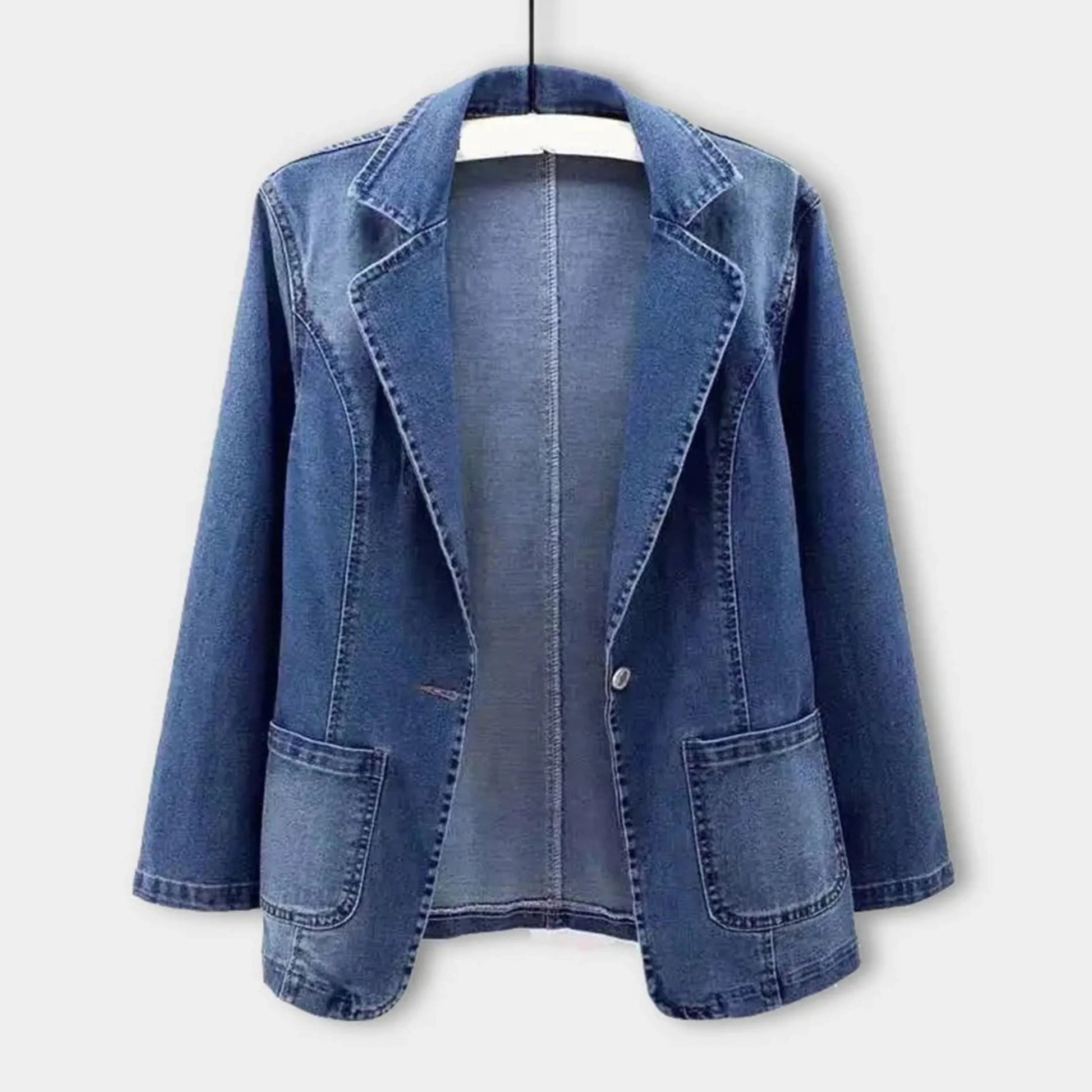 Women's blue tailored denim jacket with notched lapel