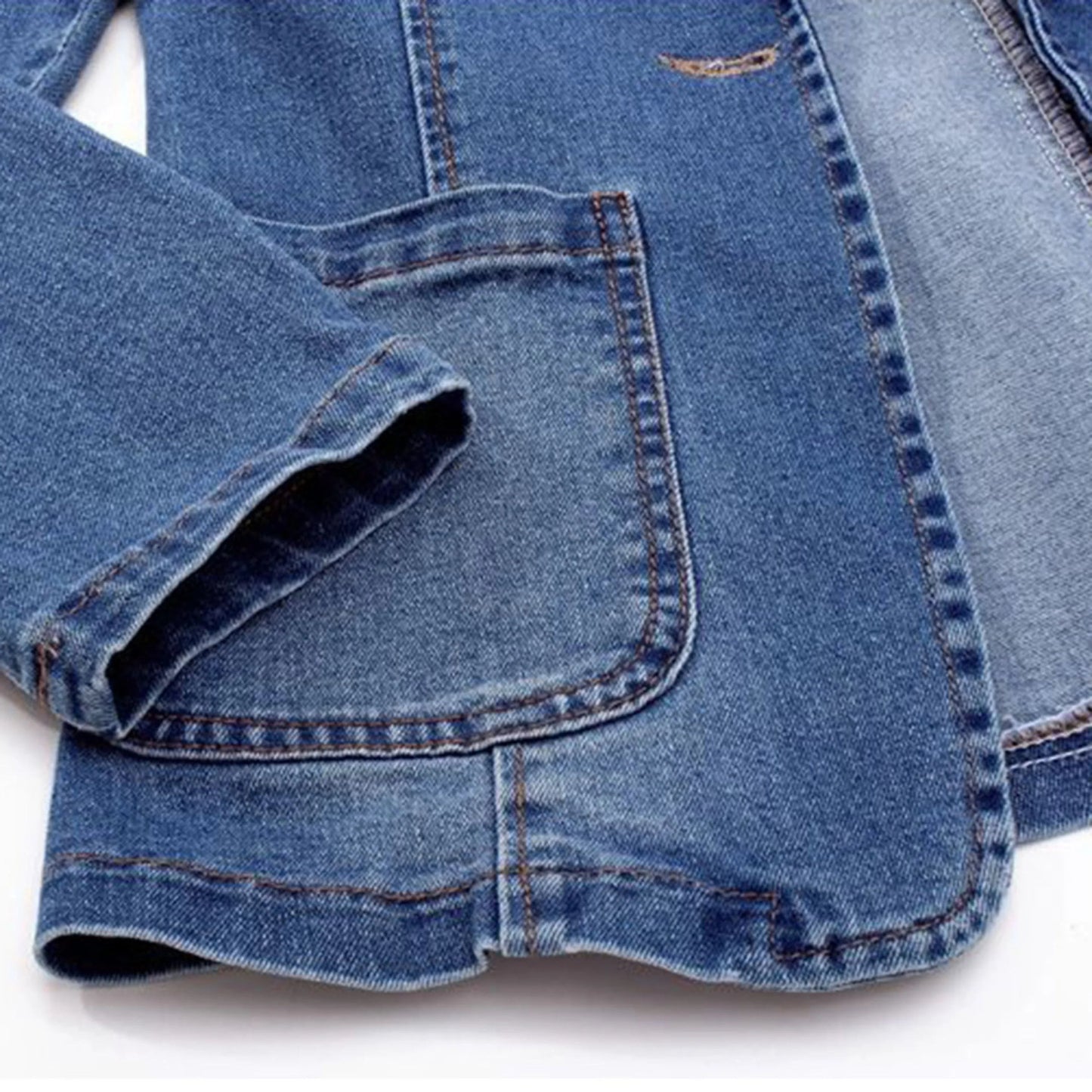 Women's blue tailored denim jacket with notched lapel