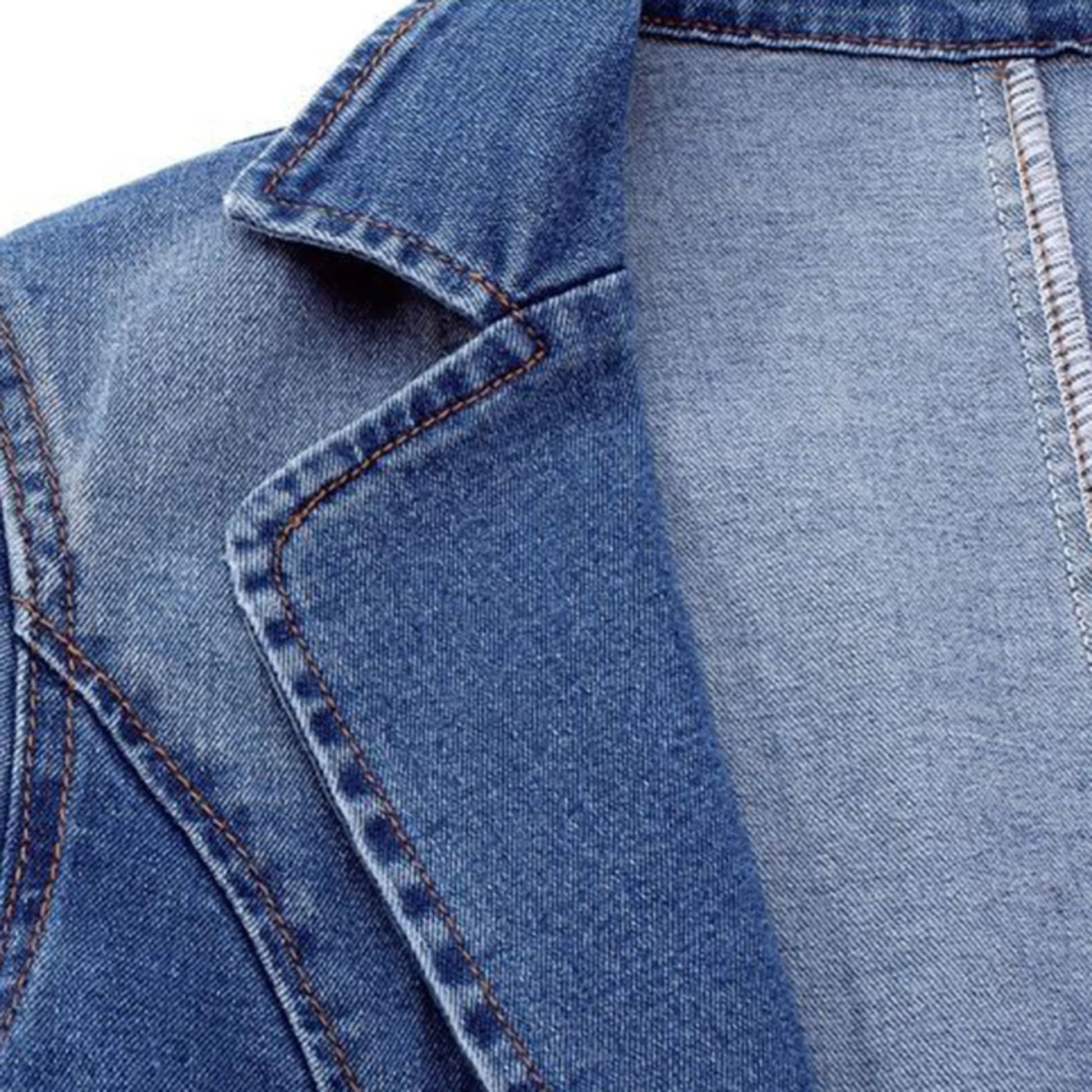 Women's blue tailored denim jacket with notched lapel