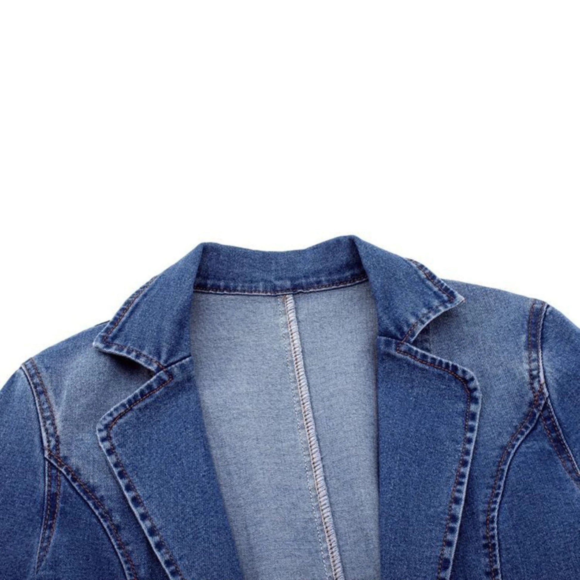 Women's blue tailored denim jacket with notched lapel