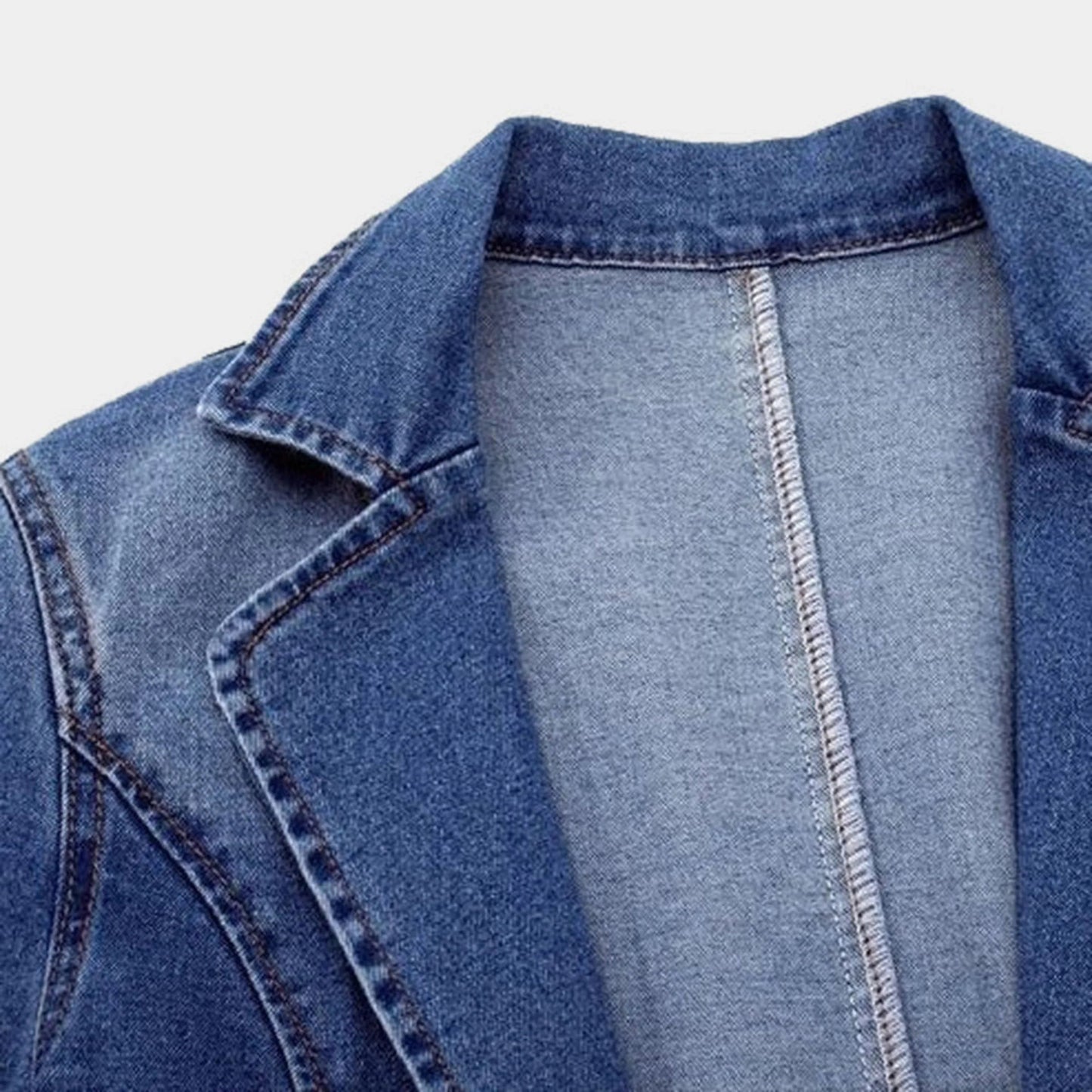 Women's blue tailored denim jacket with notched lapel