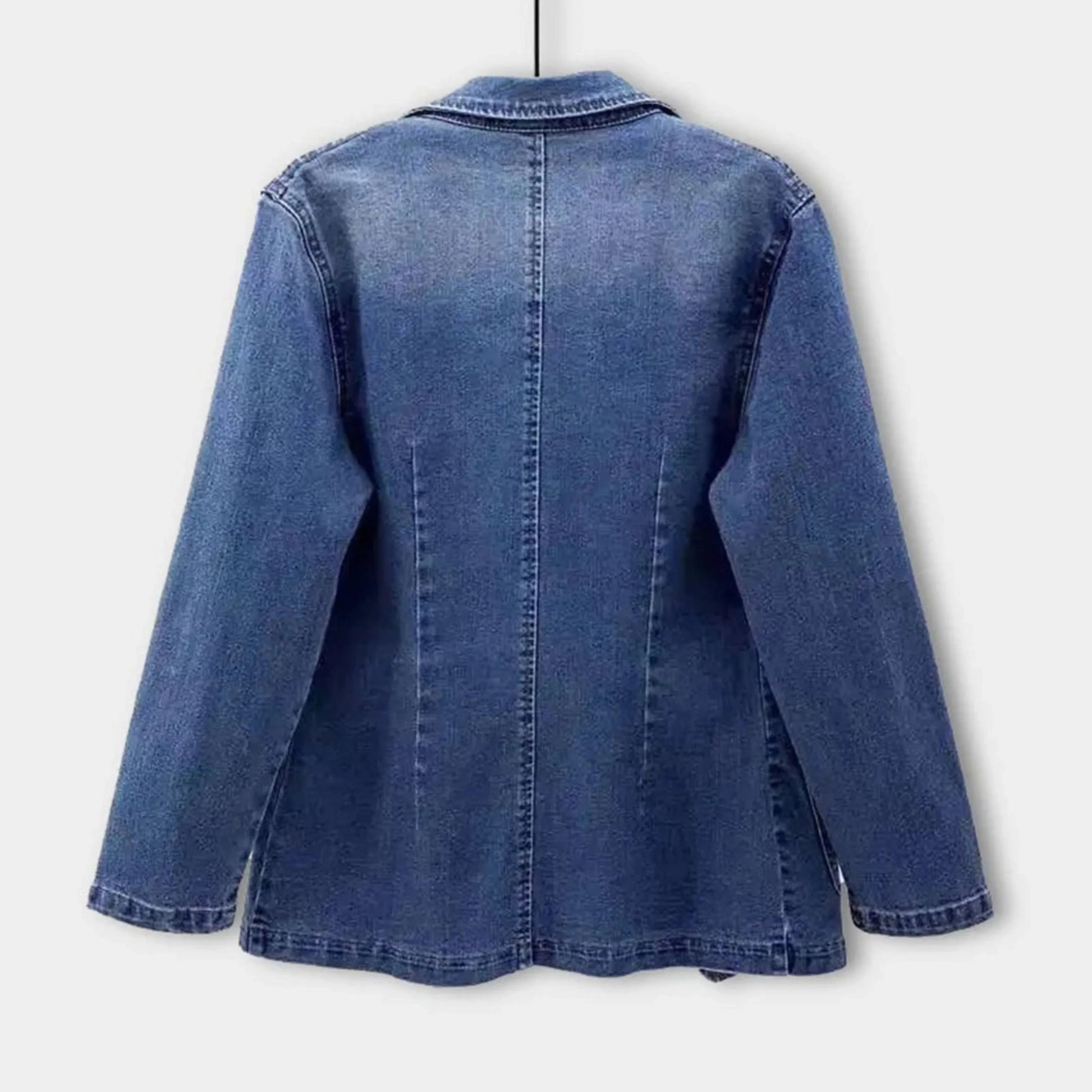 Women's blue tailored denim jacket with notched lapel