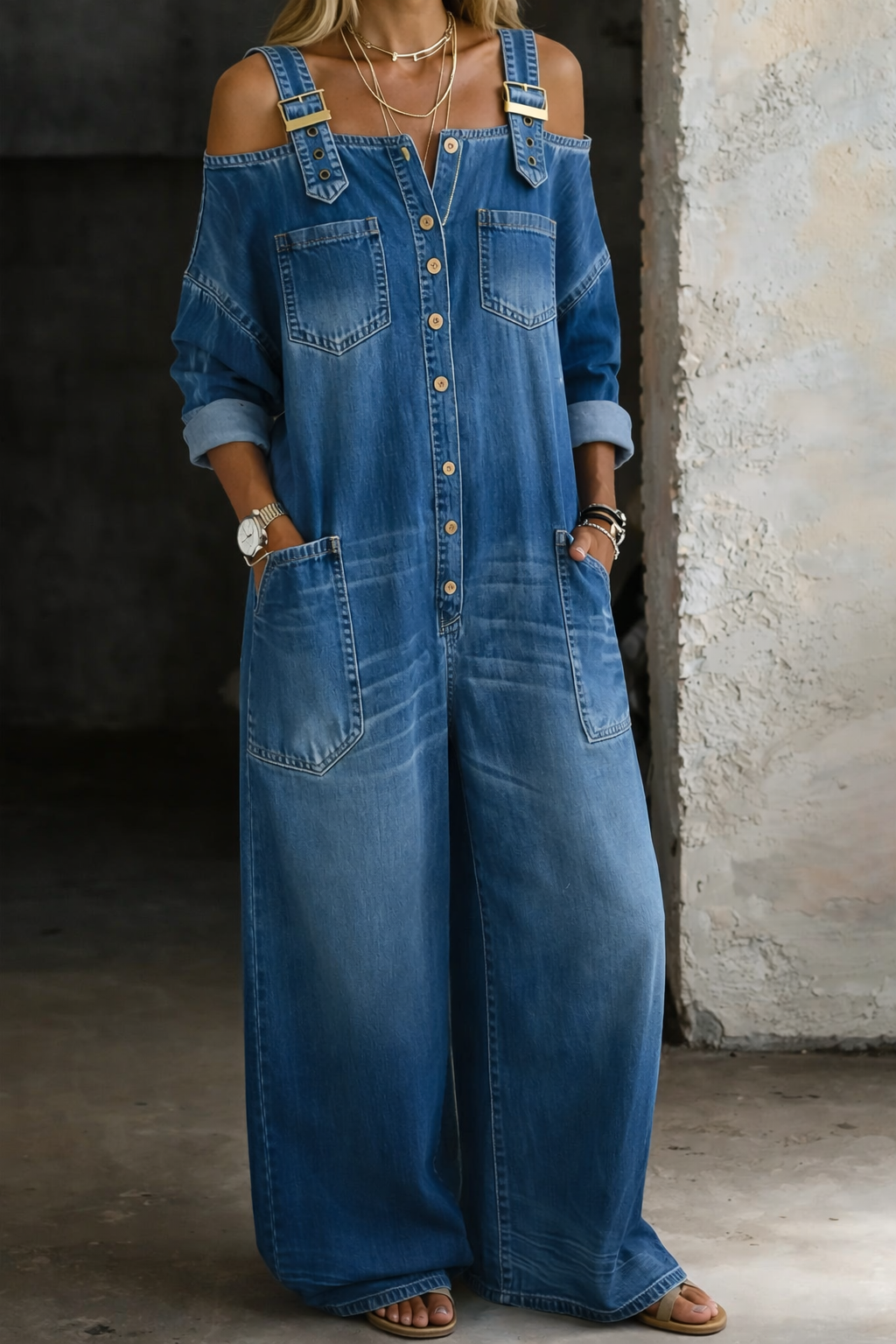 Women's blue off-shoulder denim jumpsuit in relaxed fit