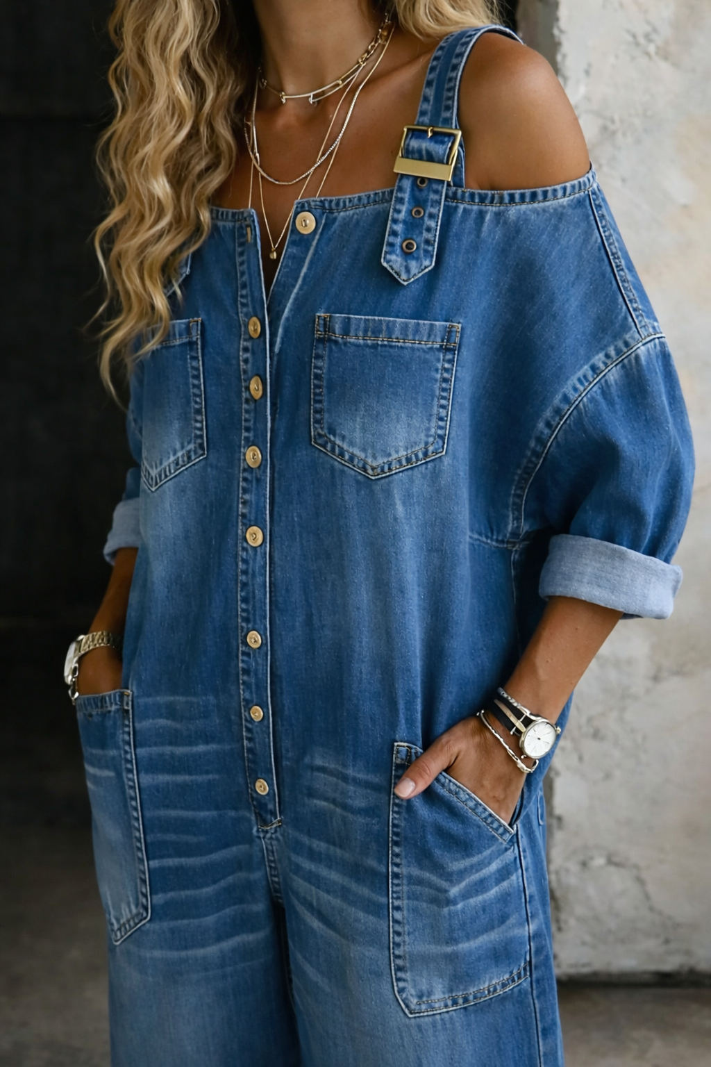 Women's blue off-shoulder denim jumpsuit in relaxed fit