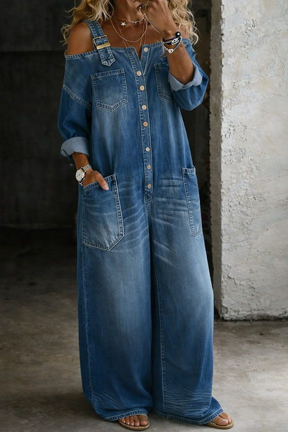 Women's blue off-shoulder denim jumpsuit in relaxed fit