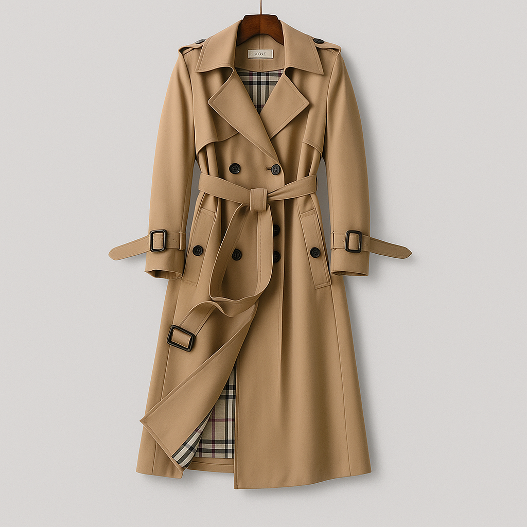 Women's double-breasted trench coat with classic lapel in khaki