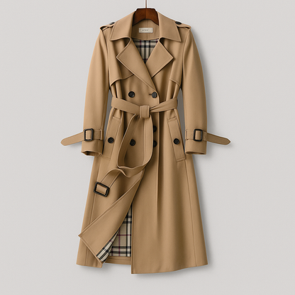 Women's double-breasted trench coat with classic lapel in khaki