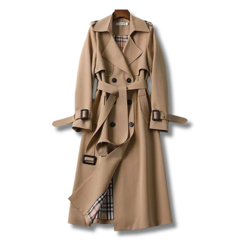 Women's double-breasted trench coat with classic lapel in khaki