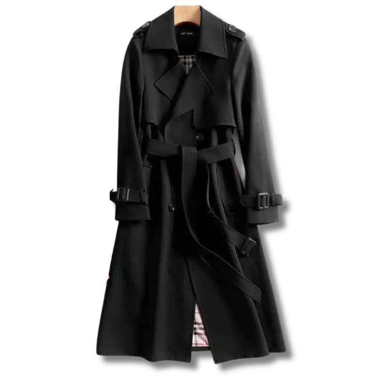 Women's double-breasted trench coat with classic lapel in black