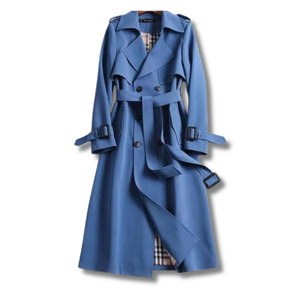 Women's double-breasted trench coat with classic lapel in blue