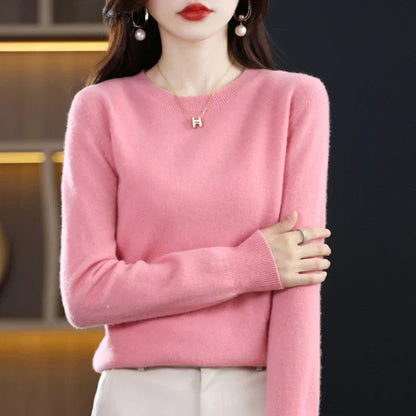 Women's pink crew neck sweater in classic slim fit
