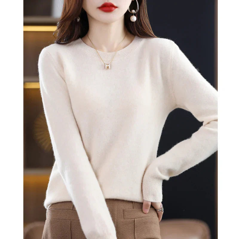 Women's mustard yellow crew neck sweater in classic slim fit