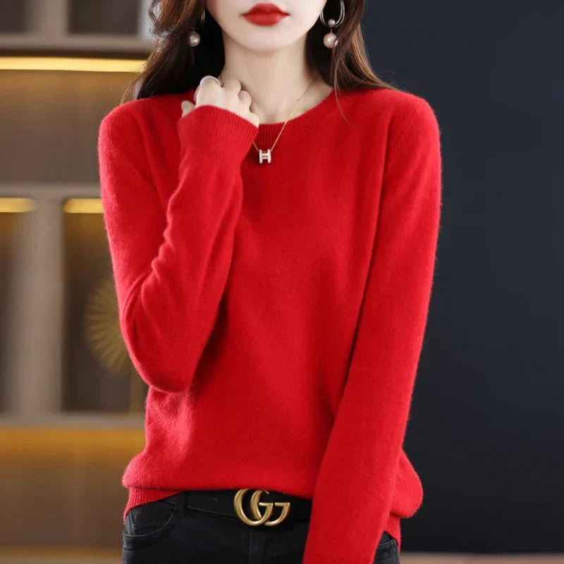 Women's mustard yellow crew neck sweater in classic slim fit