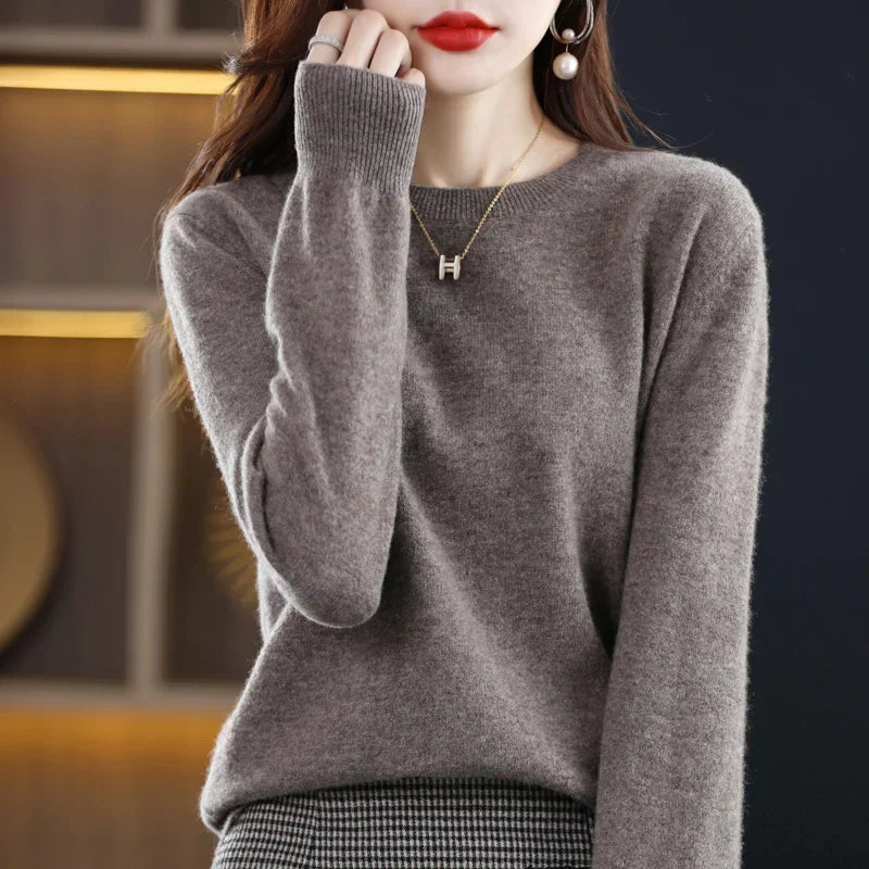 Women's mustard yellow crew neck sweater in classic slim fit