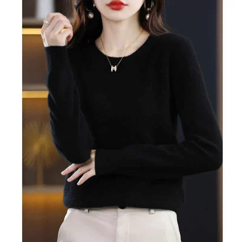 Women's mustard yellow crew neck sweater in classic slim fit