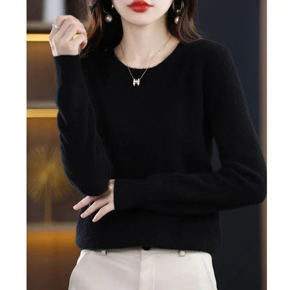 Women's mustard yellow crew neck sweater in classic slim fit