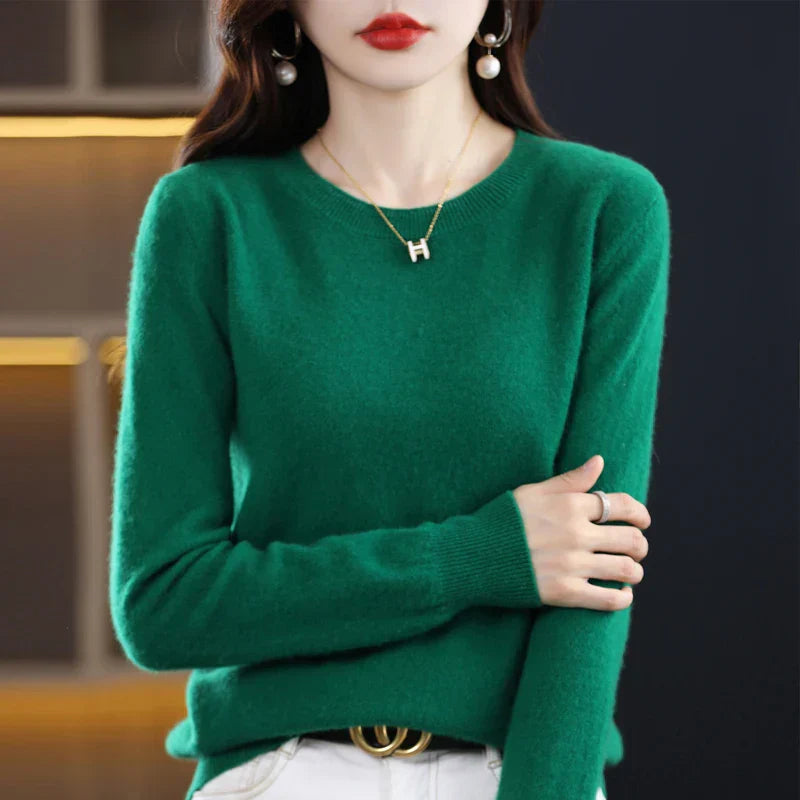 Women's sky blue crew neck sweater in classic slim fit