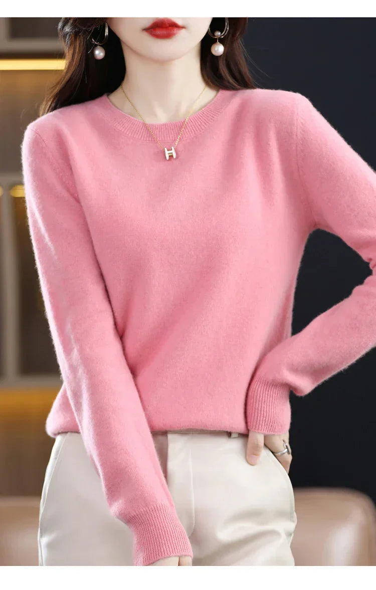 Women's sky blue crew neck sweater in classic slim fit