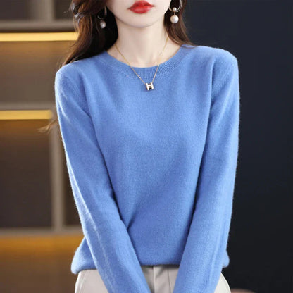 Women's sky blue crew neck sweater in classic slim fit