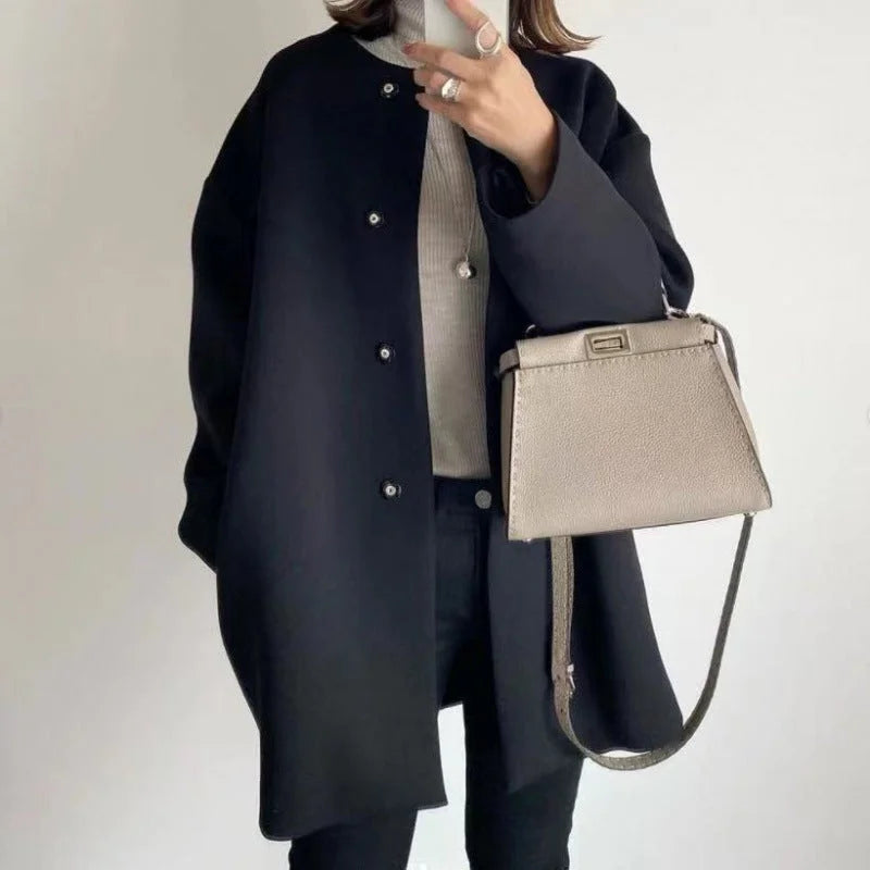 Women's oversized button-front winter coat in black