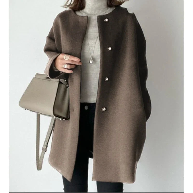 Women's oversized button-front winter coat in brown