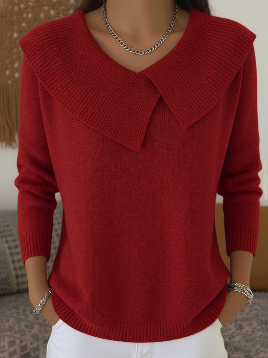 Women's red statement collar sweater with wide layered collar