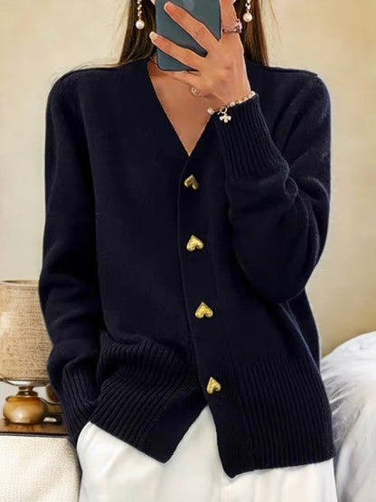 Women's black V-neck cardigan with heart-shaped buttons