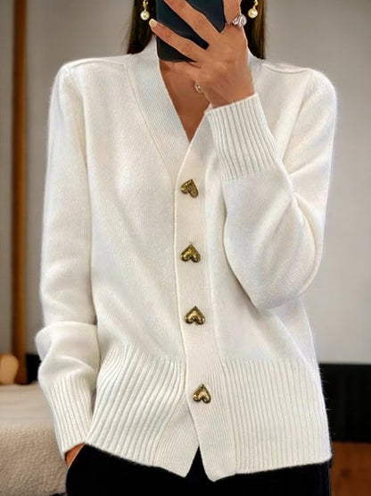 Women's black V-neck cardigan with heart-shaped buttons