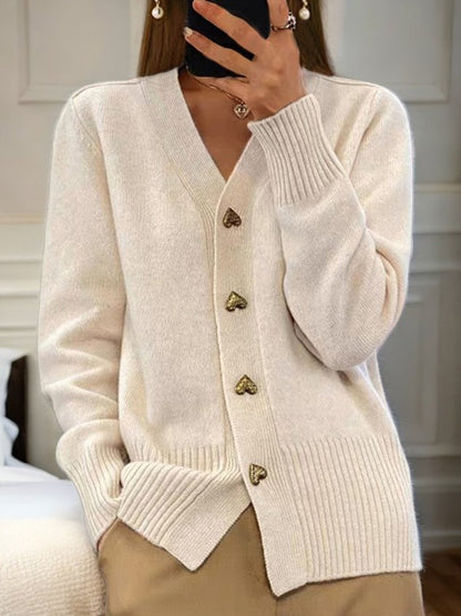 Women's black V-neck cardigan with heart-shaped buttons