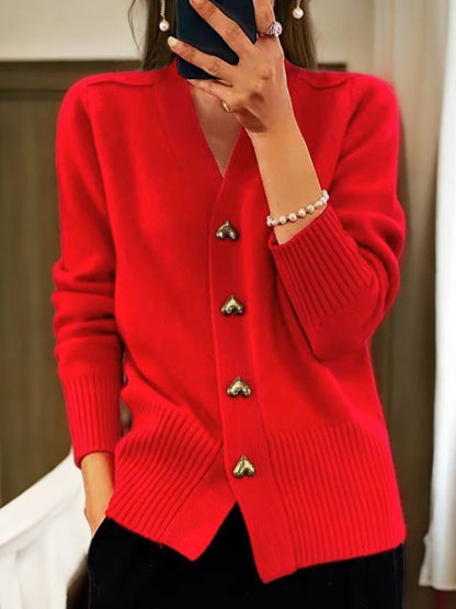 Women's pink V-neck cardigan with heart-shaped buttons