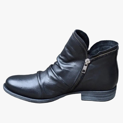 Black Faux Leather Ankle Boots with Ruched Vamp