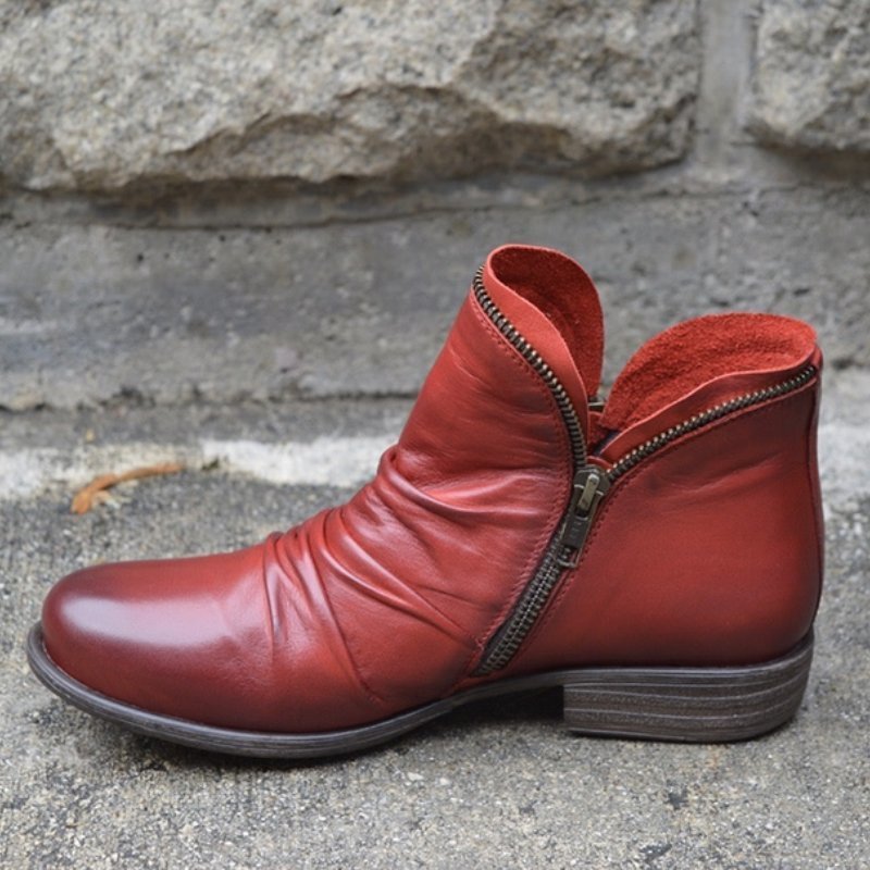 Red Faux Leather Ankle Boots with Ruched Vamp