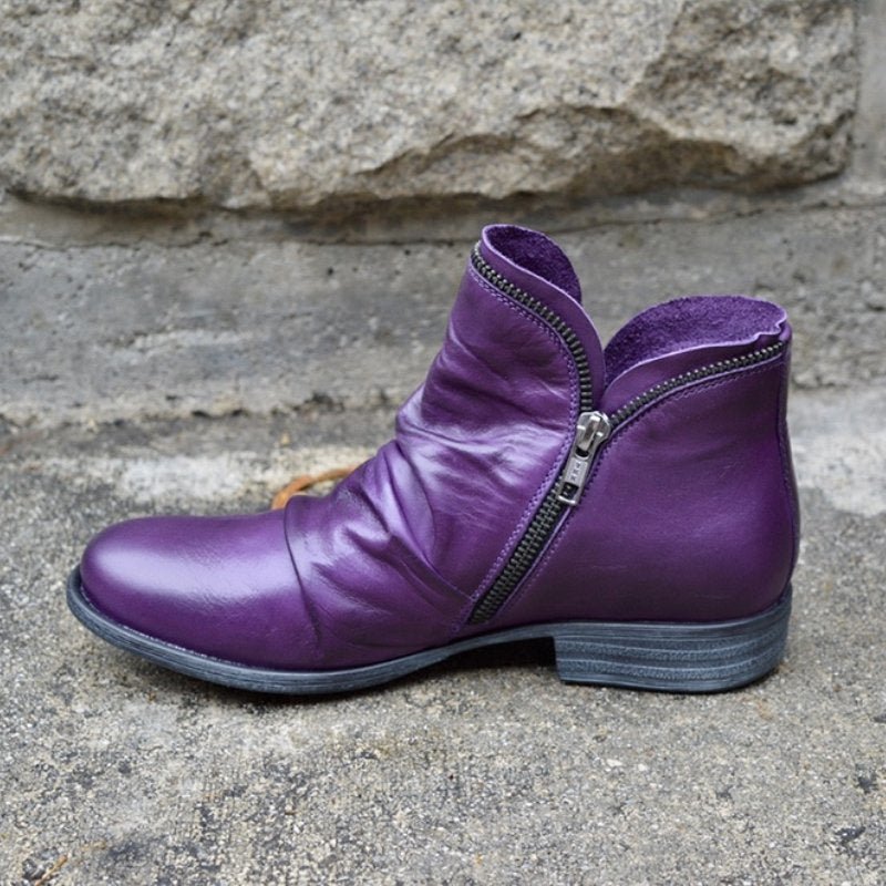 Purple Faux Leather Ankle Boots with Ruched Vamp