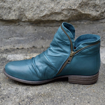 Blue Faux Leather Ankle Boots with Ruched Vamp