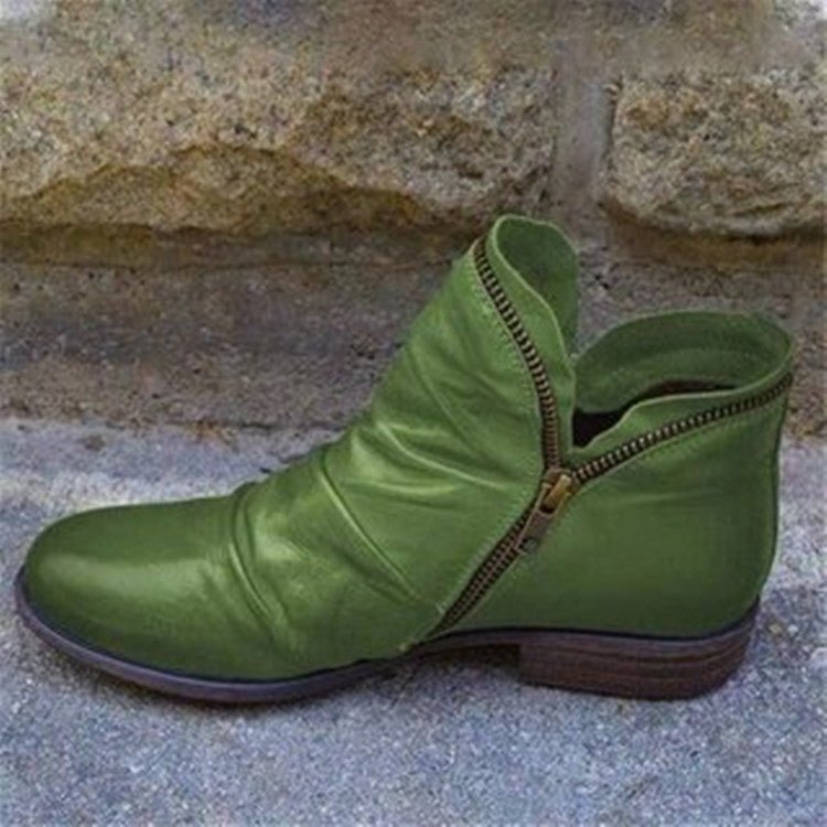 Green Faux Leather Ankle Boots with Ruched Vamp