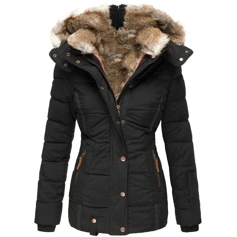 Women's faux fur hooded quilted jacket in black