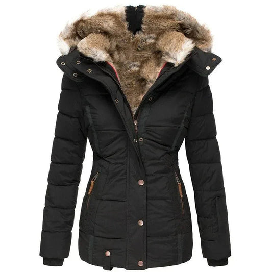 Women's faux fur hooded quilted jacket in black