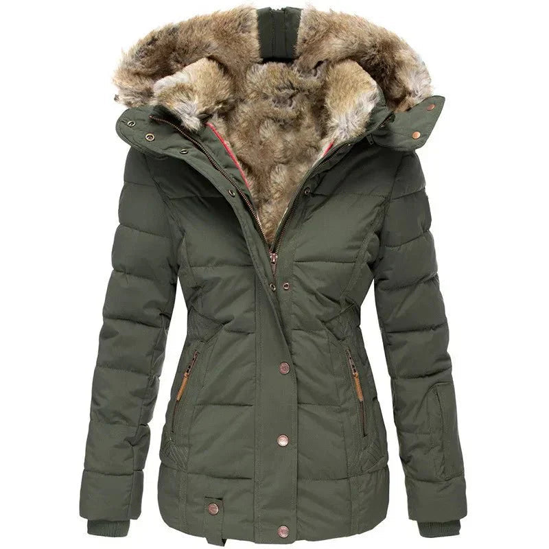 Women's faux fur hooded quilted jacket in green