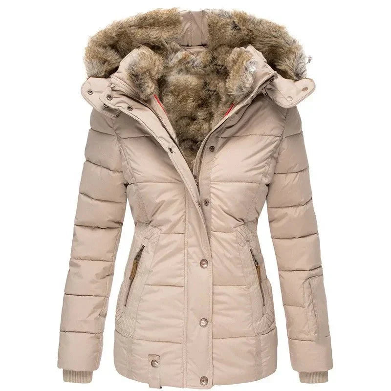 Women's faux fur hooded quilted jacket in beige
