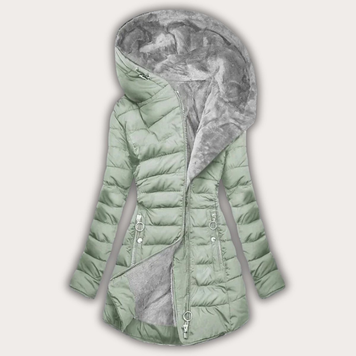 Women's mint green faux fur-lined hooded puffer coat
