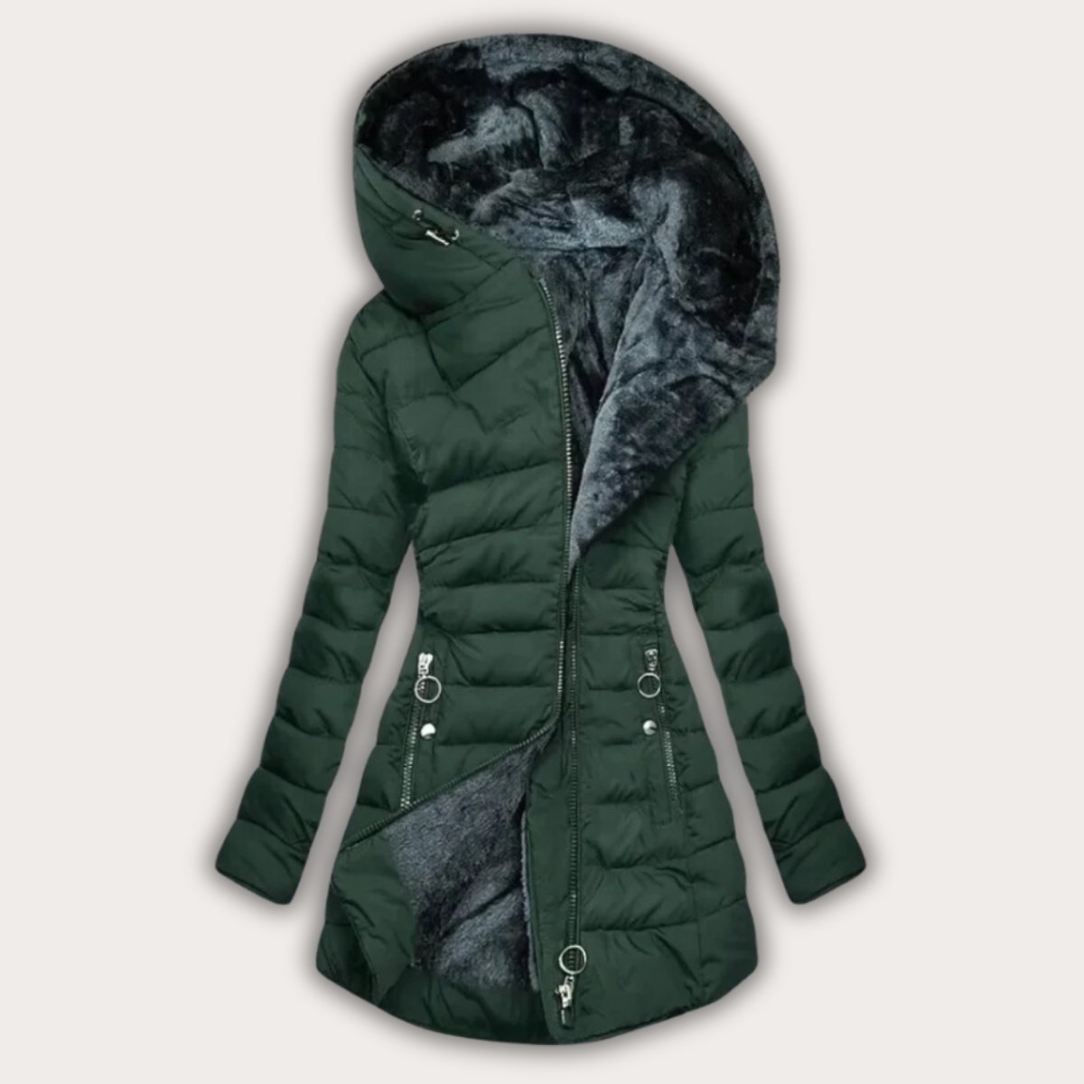 Women's mint green faux fur-lined hooded puffer coat