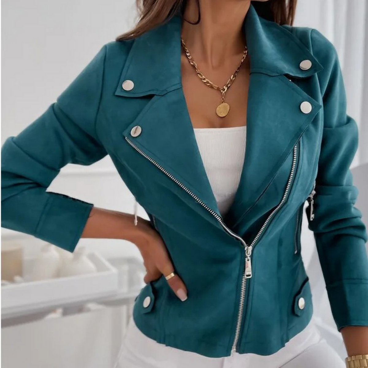 Women's faux suede moto jacket in teal