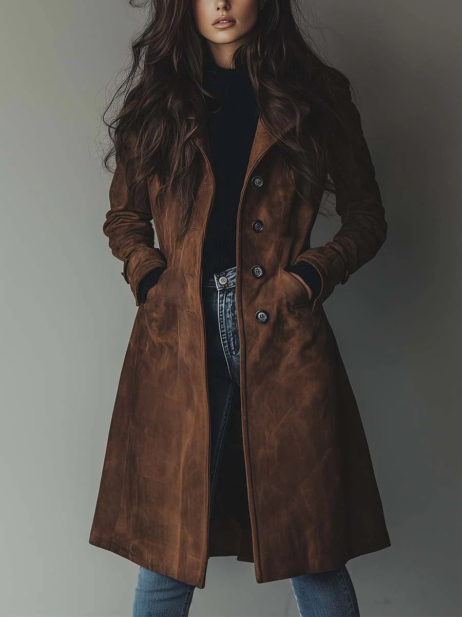 Women's faux suede long trench coat in brown