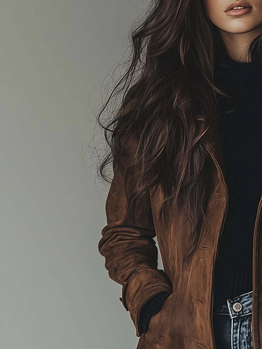 Women's faux suede long trench coat in brown