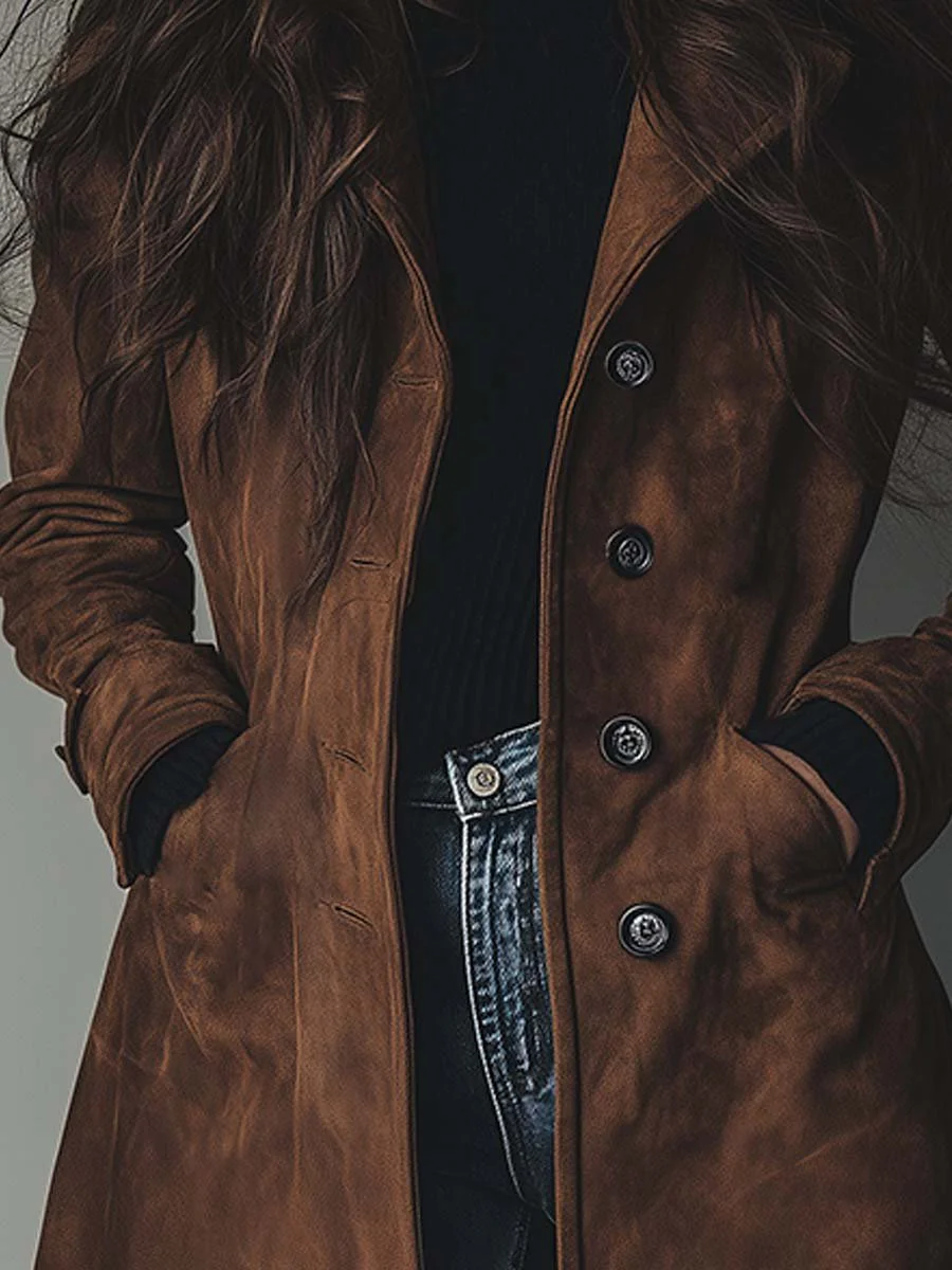Women's faux suede long trench coat in brown
