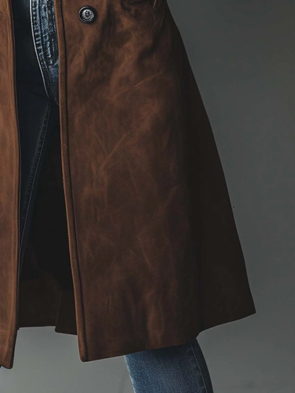 Women's faux suede long trench coat in brown