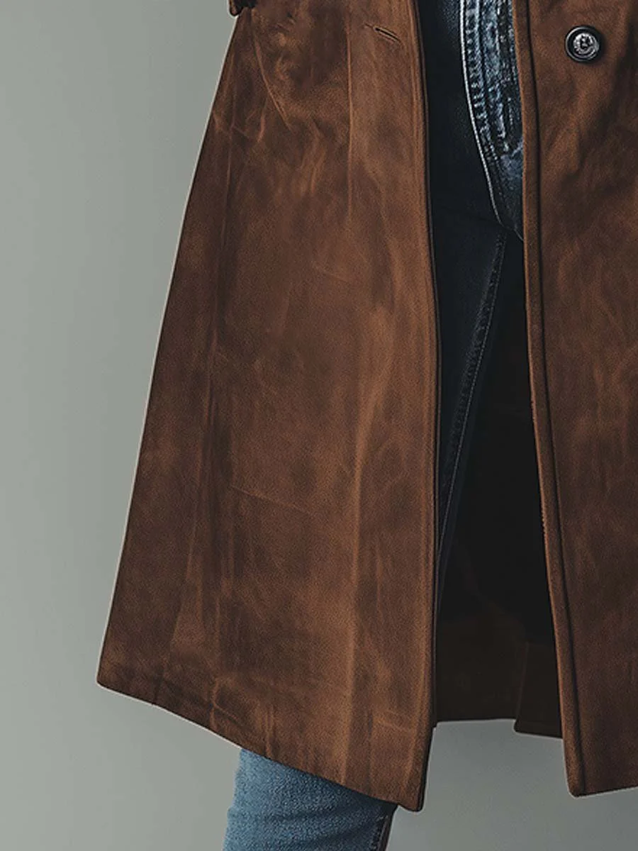 Women's faux suede long trench coat in brown