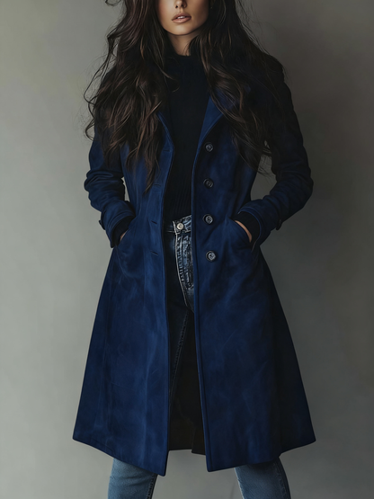Women's faux suede long trench coat in navy blue